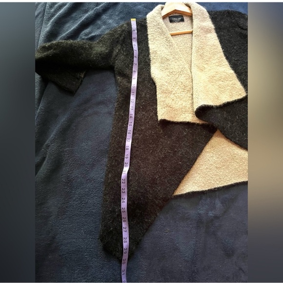 Zara Women’s Chunky Charcoal And Tan Knit Asymmetrical Drape-Front Cardigan SZ S - Picture 7 of 8